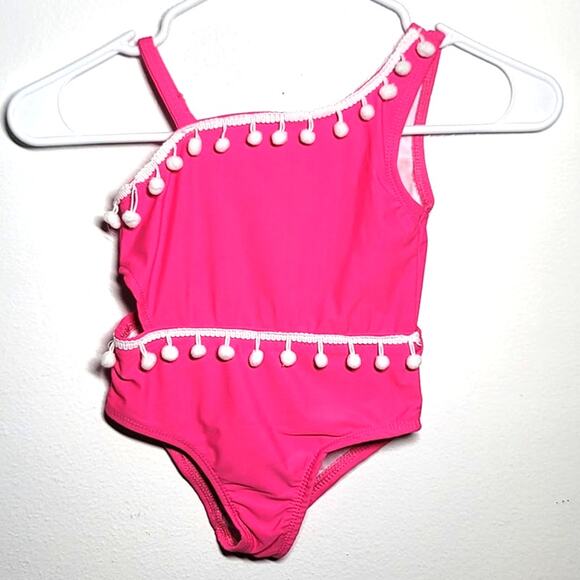 Betsey Johnson One Shoulder Pom Pom Hot Pink One-Piece Swimsuit 4 - Picture 1 of 7